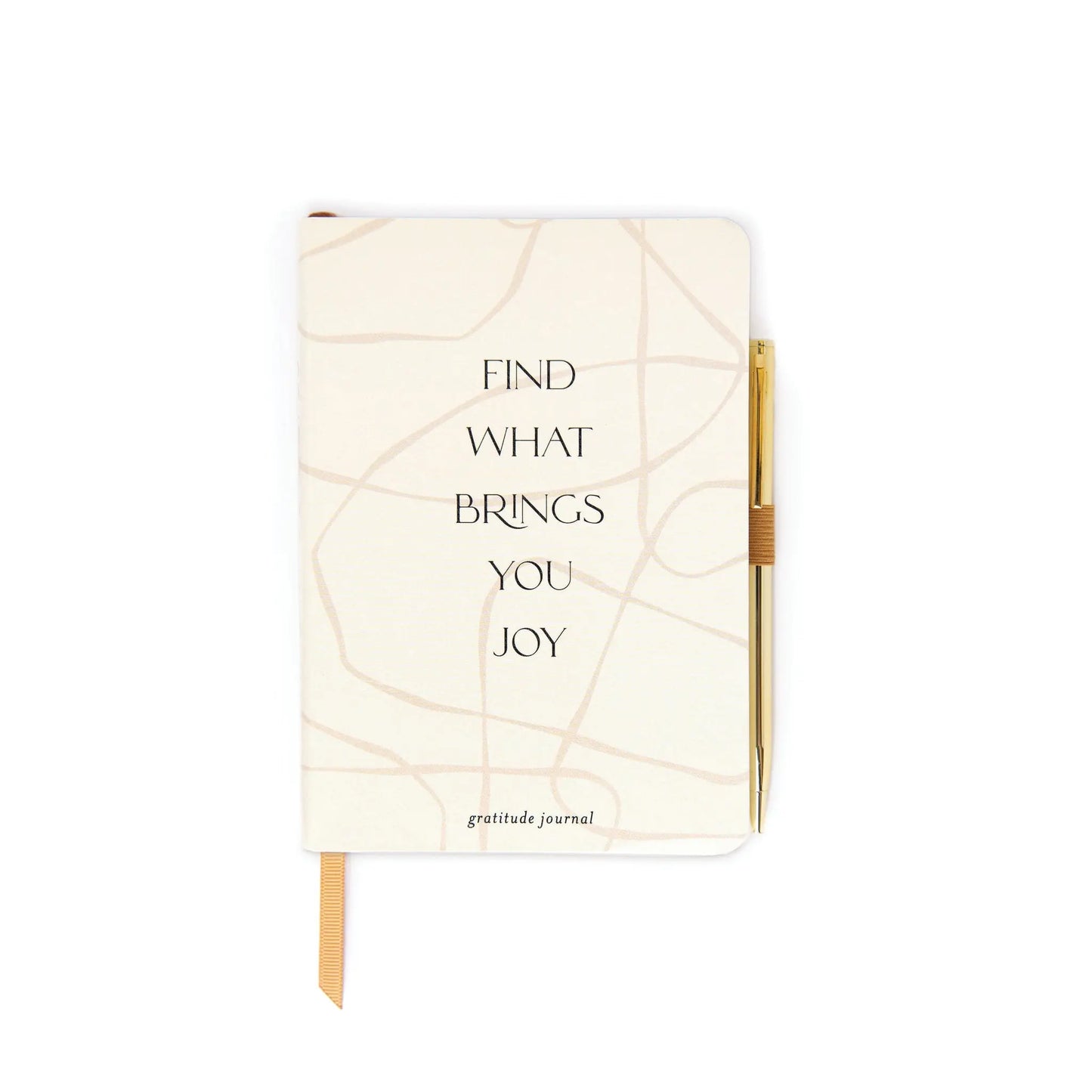 Gratitude journal with marbled cover and text reading Find What Brings You Joy with gold pen on white background