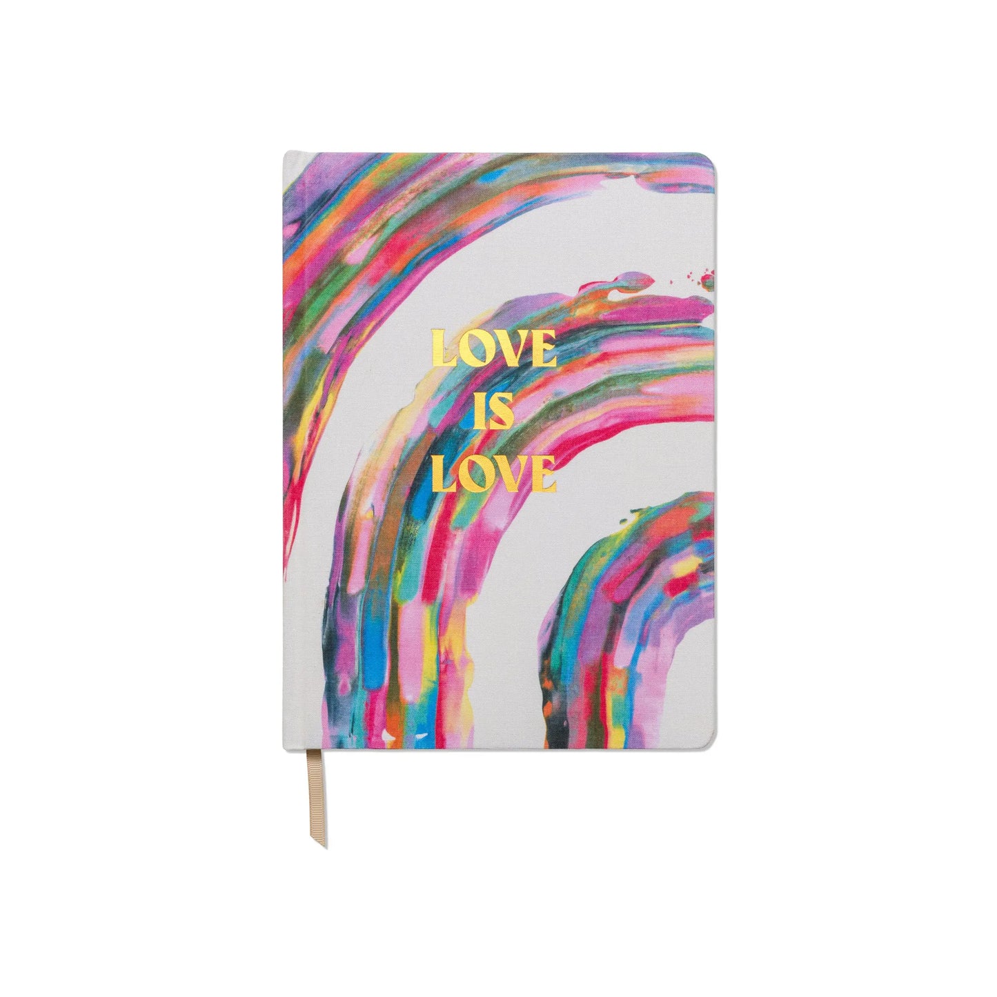 The Bookcloth Jumbo Journal - Love is Love features a cloth cover with a colorful abstract rainbow design, gold LOVE IS LOVE text, and lay-flat binding for easy writing.