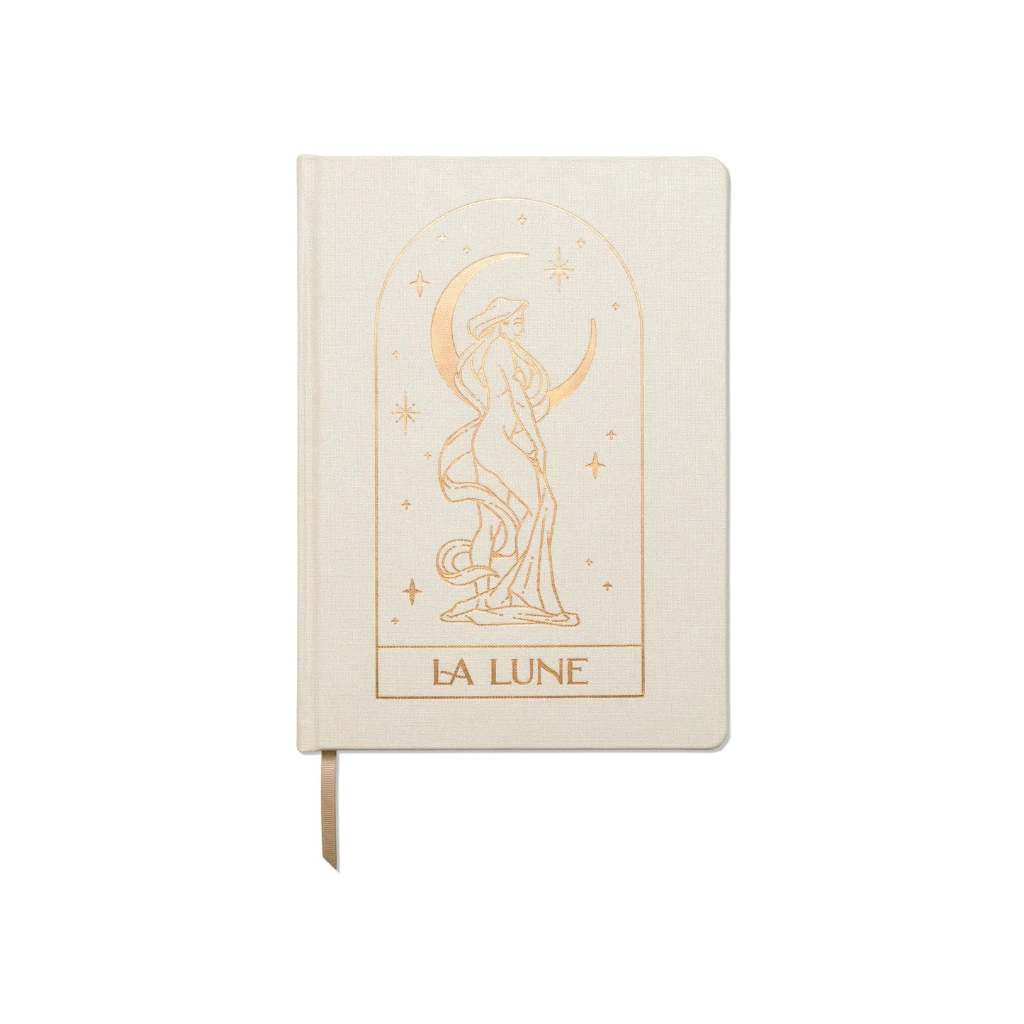 The Bookcloth Jumbo Journal - La Lune features a cream-colored, cloth cover with a gold line drawing of a woman, moon, and stars, plus acid-free pages for stylishly preserving your thoughts.