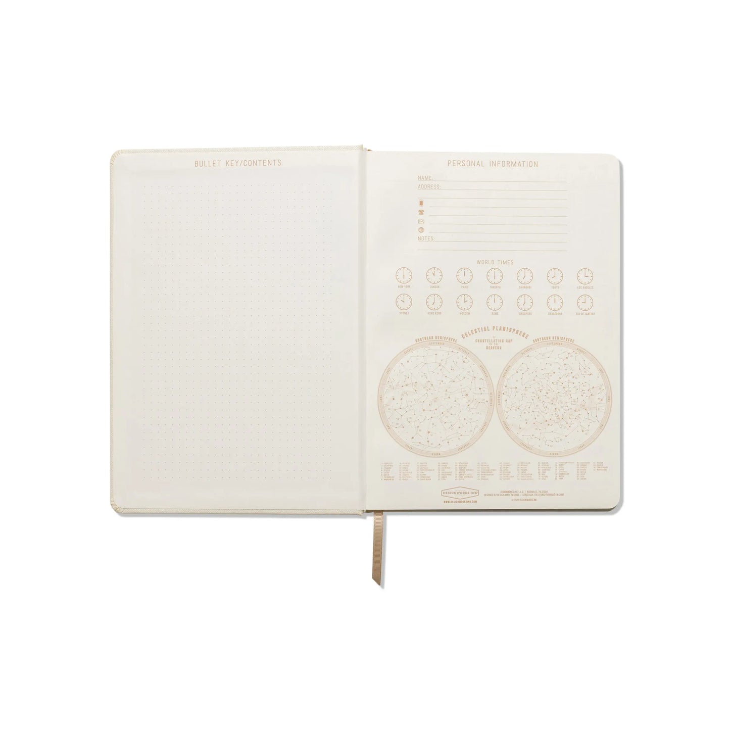 The Bookcloth Jumbo Journal - La Lune features acid-free paper, a contents page, a personal info page with world time zones, moon phases, and reference tables. Perfect for fans of cloth-covered notebooks and oversized journals.