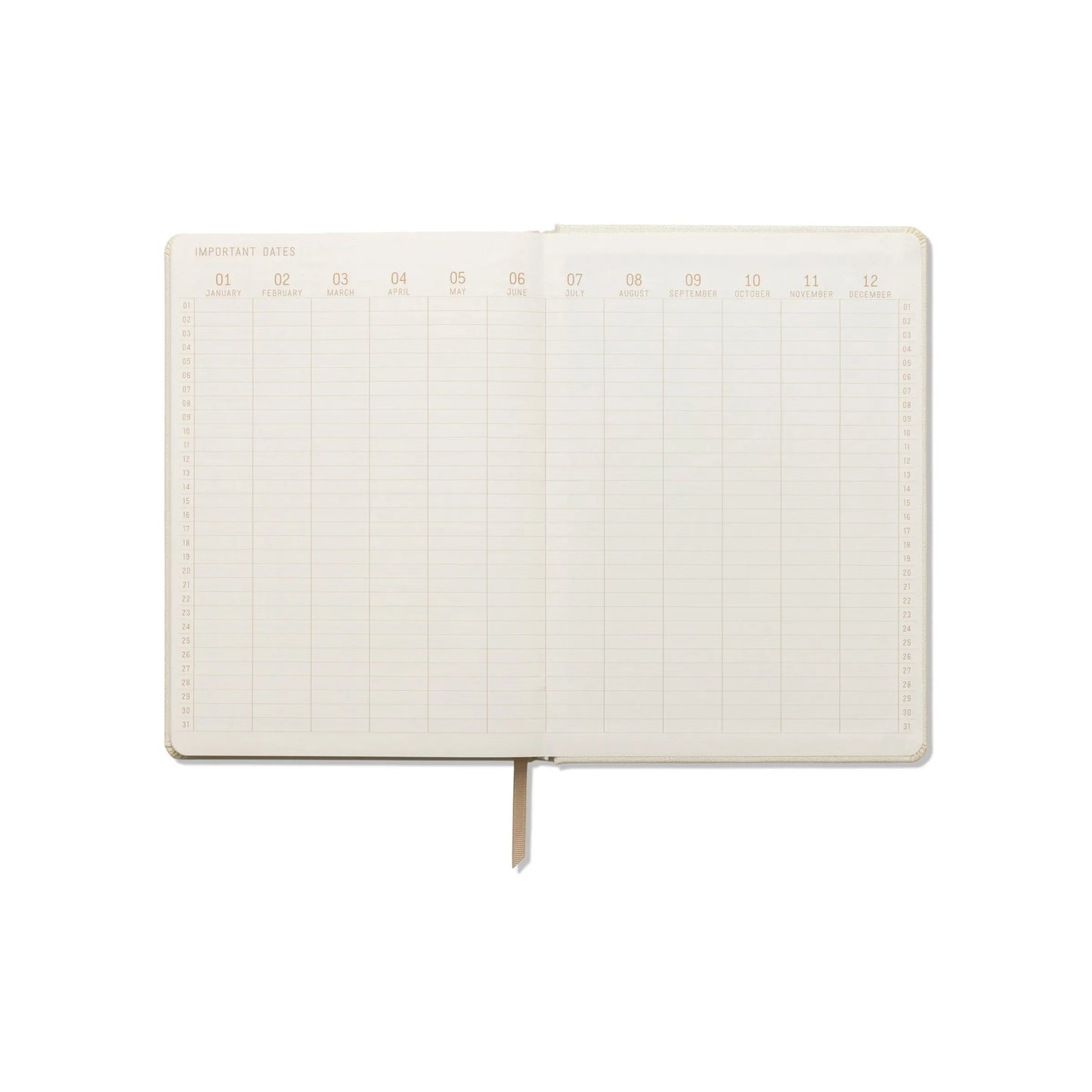 The Bookcloth Jumbo Journal - La Lune features acid-free paper, a ribbon bookmark centered at the bottom, and an open cloth cover with a two-page monthly spread for dates and notes.