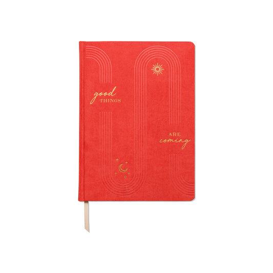 The Suede Jumbo Journal - Good Things Are Coming features a red sueded paper cover with gold foil text, simple line art, a star, and a crescent moon.