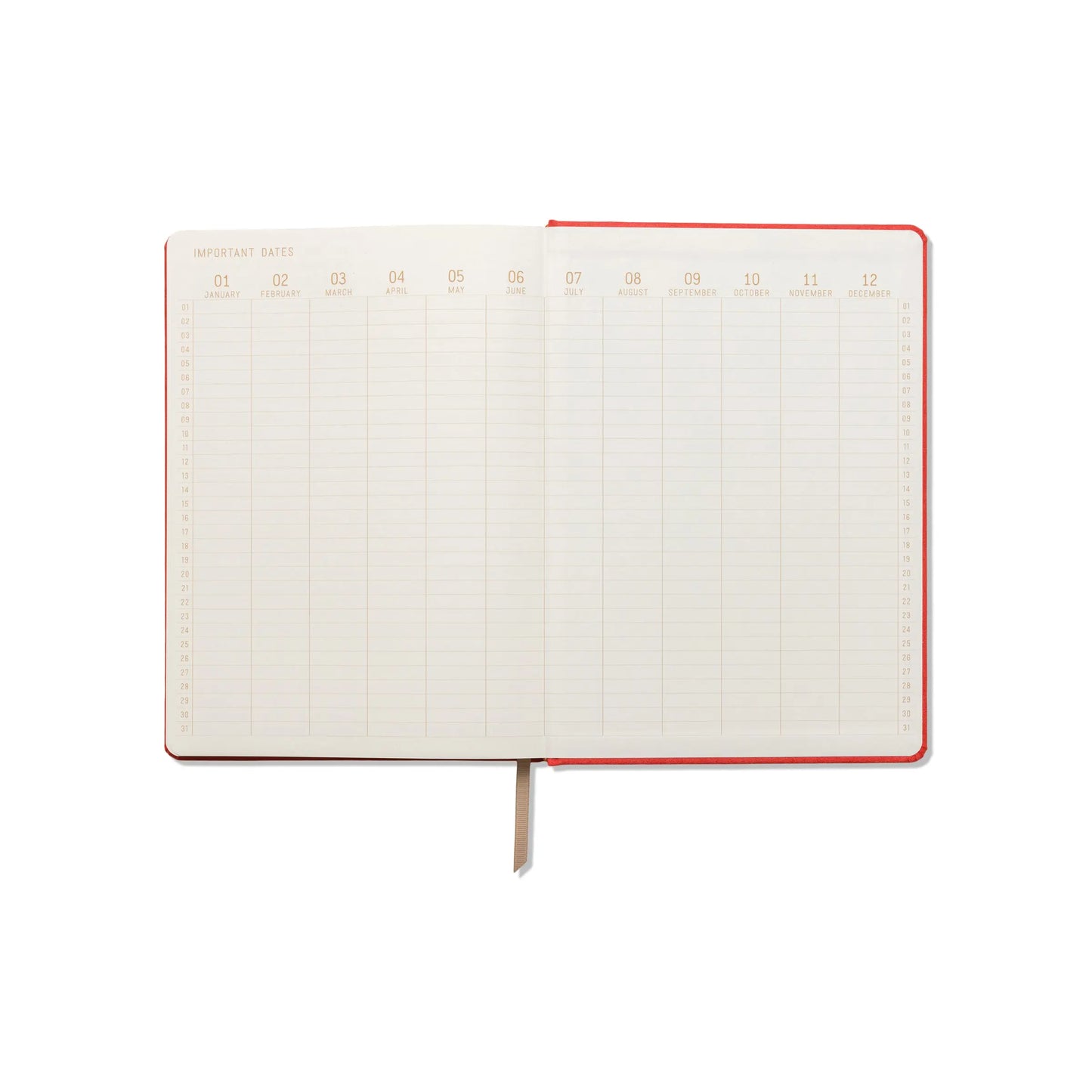 The Suede Jumbo Journal - Good Things Are Coming features an open sueded paper cover, an annual overview page with monthly columns and space for important dates, plus a ribbon bookmark at the bottom.
