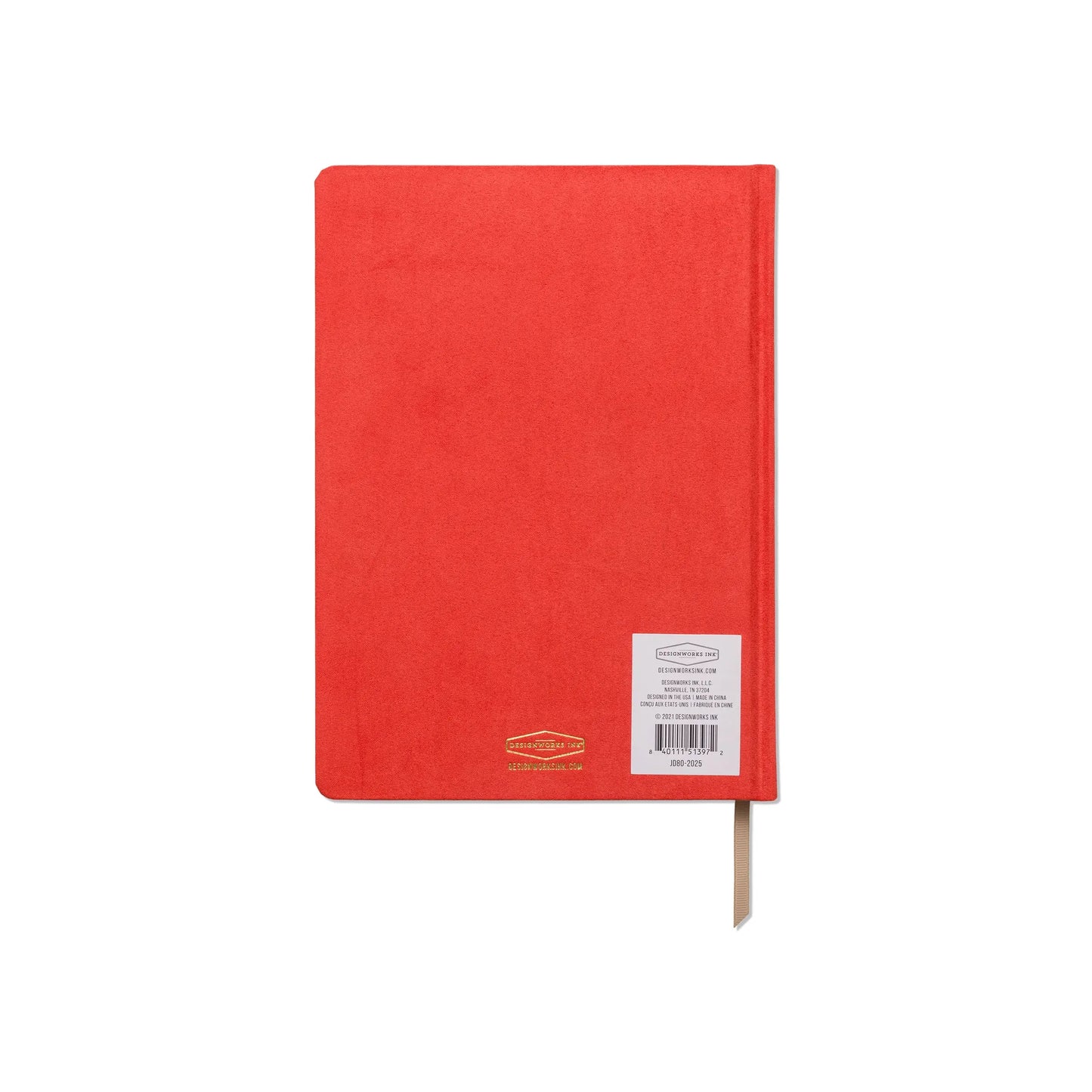 A closed Suede Jumbo Journal - Good Things Are Coming with a red sueded cover, gold logo, and barcode sticker on the front lies flat on a white background.