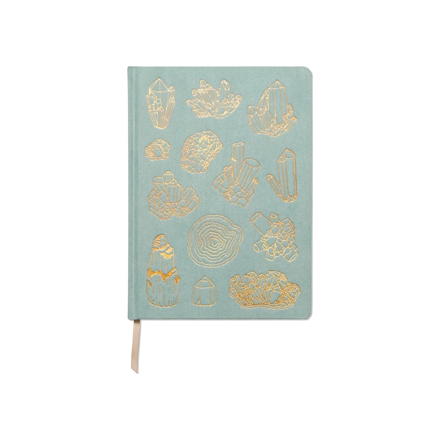 The Suede Jumbo Journal - Mineralogy features a light green sueded paper cover with gold foil geometric crystal designs, lay-flat binding, and a beige ribbon bookmark.