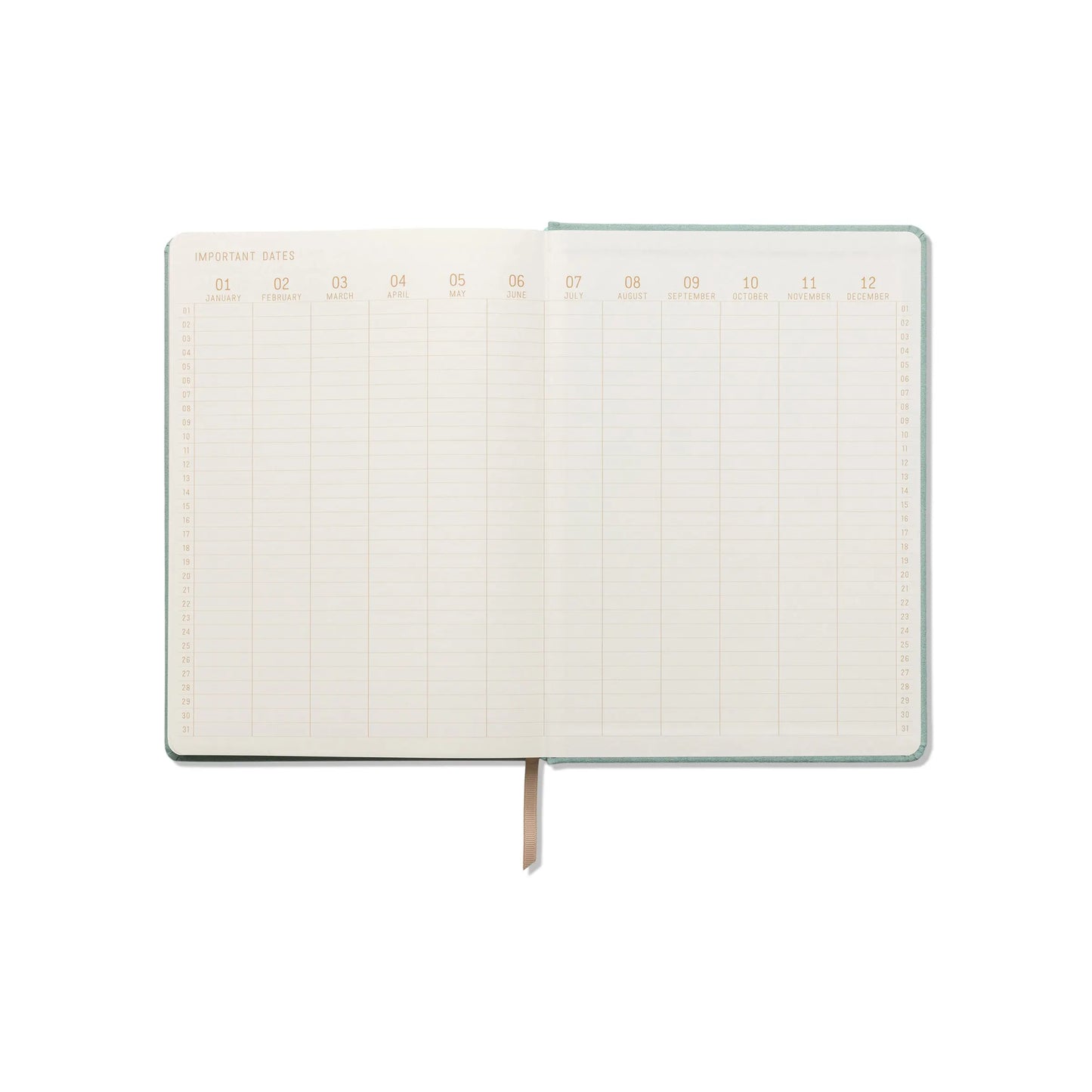 The Suede Jumbo Journal - Mineralogy lays flat when open to a two-page monthly spread, featuring columns labeled Important Dates and blank sections for notes, making each part of the planner simple and efficient to use.