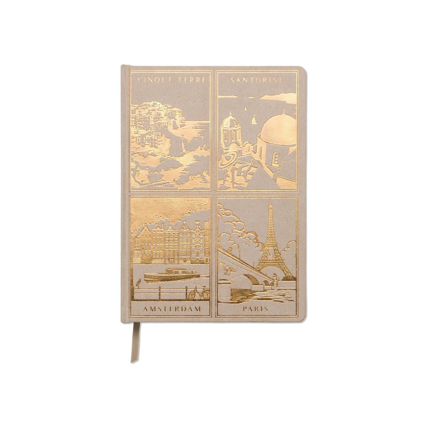 The Anderson Design Travel Journal is a beige sueded paper journal featuring gold embossed illustrations of Cinque Terre, Santorini, Amsterdam, and Paris on the cover, inspired by vintage poster design.