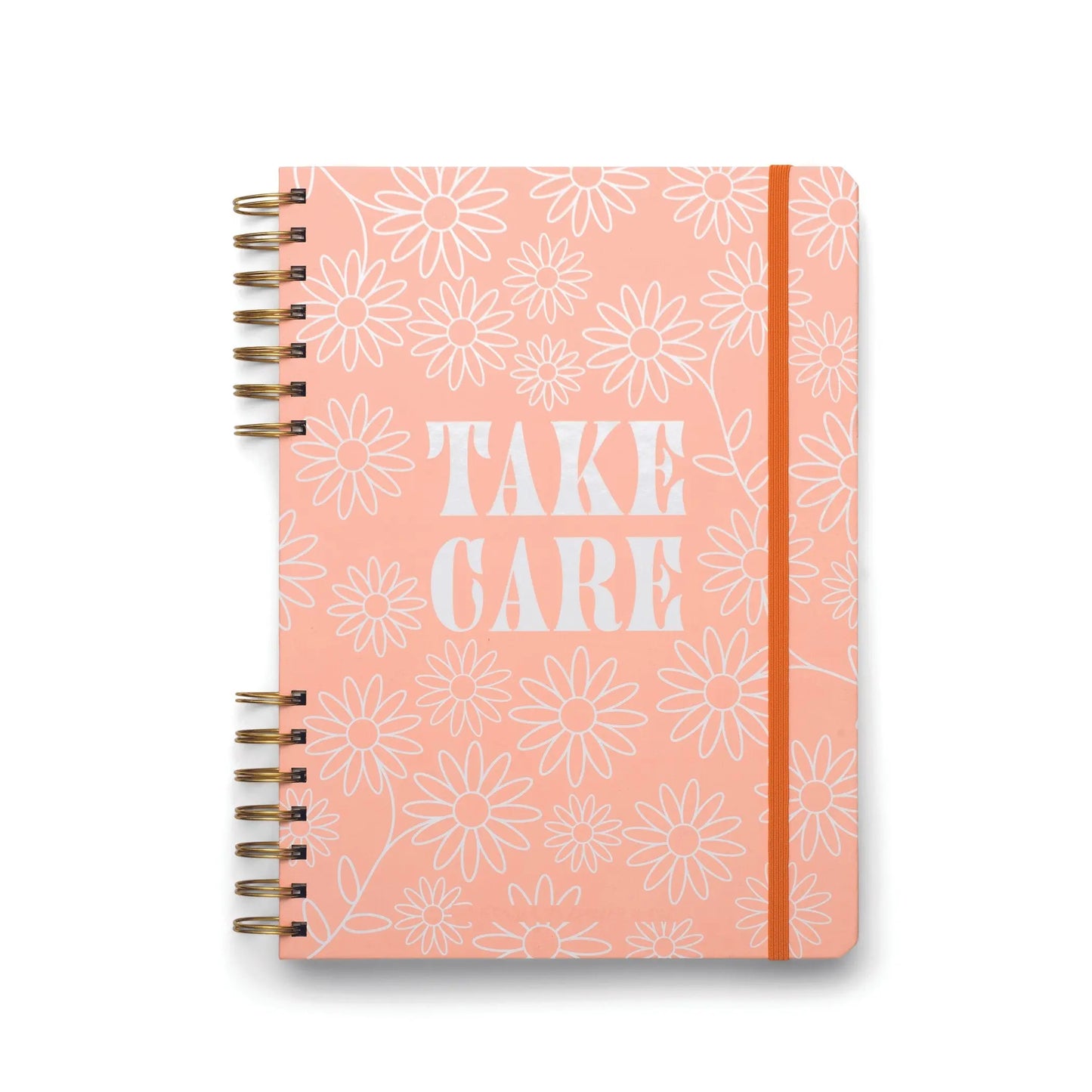 The Guided Wellness Journal - Take Care features a pink spiral-bound cover with white floral designs, TAKE CARE text, and an orange elastic band—ideal for your self-care journey or gratitude practice.