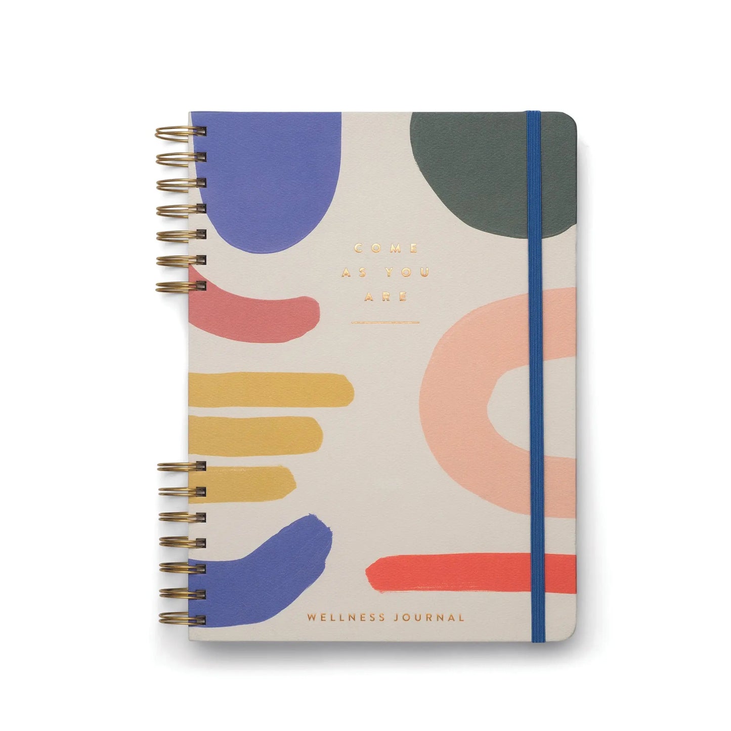 The Guided Wellness Journal - Come As You Are features a spiral binding, abstract colorful cover, gold embossed title, and a blue elastic band—ideal for self-care or gratitude practice.