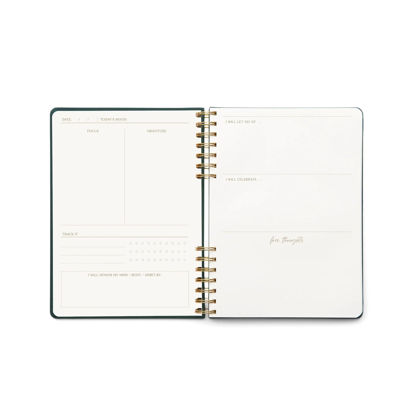 The Come As You Are Guided Wellness Journal, spiral-bound and open to two blank pages, features sections for date, mood, focus, gratitude practice, habit tracking, letting go, celebrations, and intentions—ideal for self care.