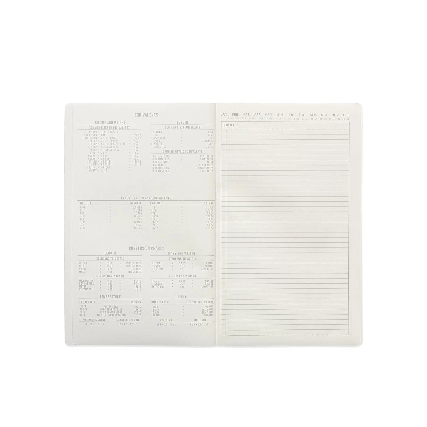 The Standard Issue Tall Notebook No.17 - Blue opens to measurement conversion charts on the left and a lined right page with months at the top, providing a premium writing experience.