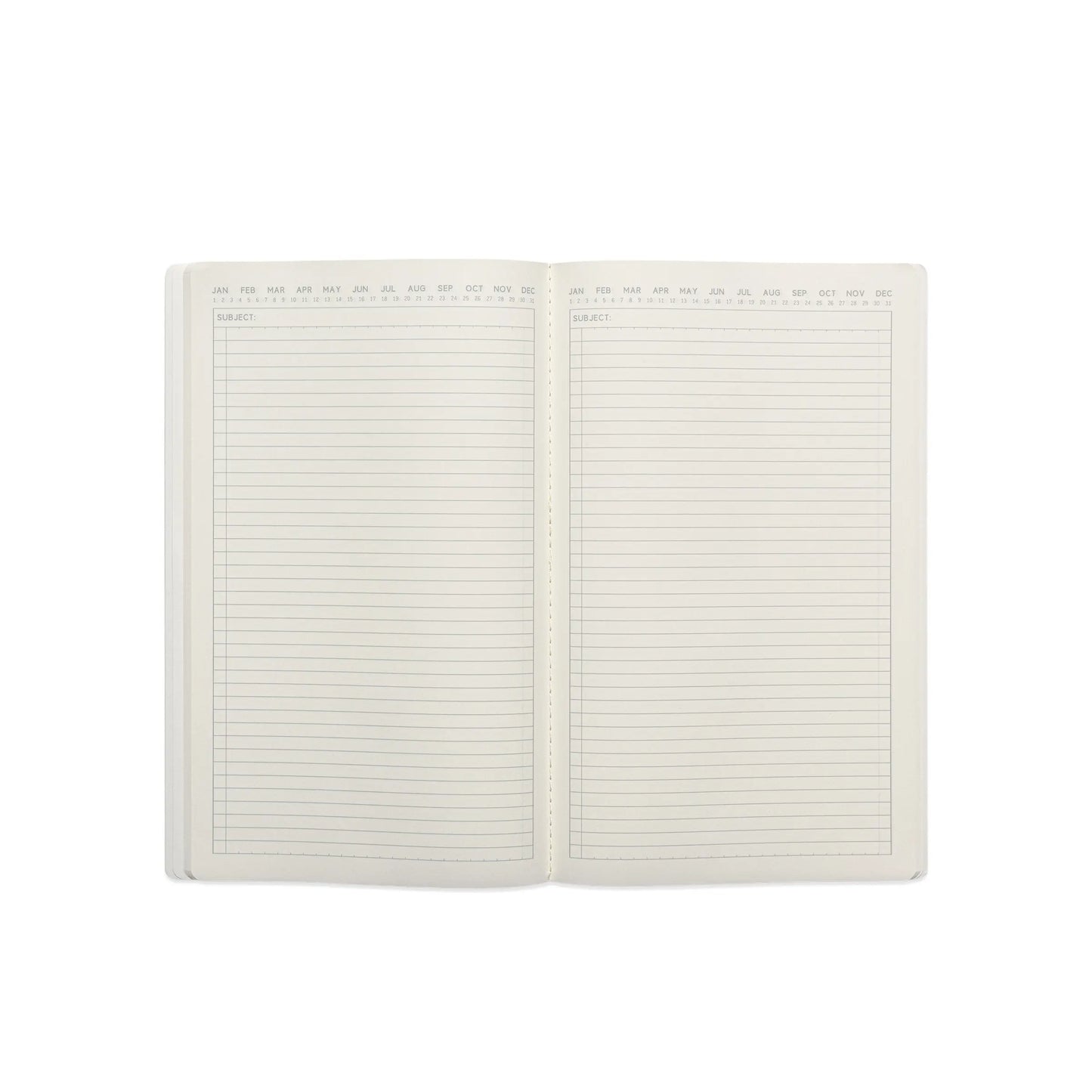 An open Standard Issue Tall Notebook No.17 - Blue displays two lined pages with date headers, featuring high-quality construction for a premium writing experience.