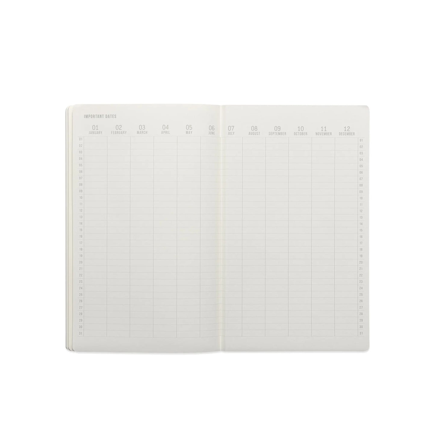 The Standard Issue Tall Notebook No.17 - Blue features an open planner with a yearly overview, monthly columns, dated rows, and Important Dates at the top left. Enjoy blank pages inside for a premium writing experience.
