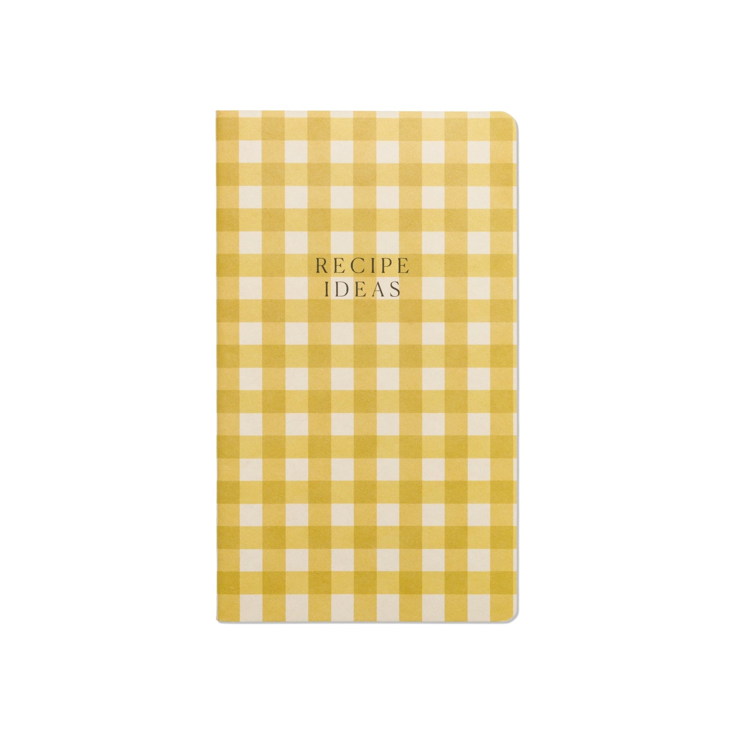 A set of three single flex undated planners for the kitchen—Meal Planner, Market List, and Recipe Ideas—featuring a closed yellow and white checkered cover. Perfect for organizing meals or adding to your unique notebook collection.