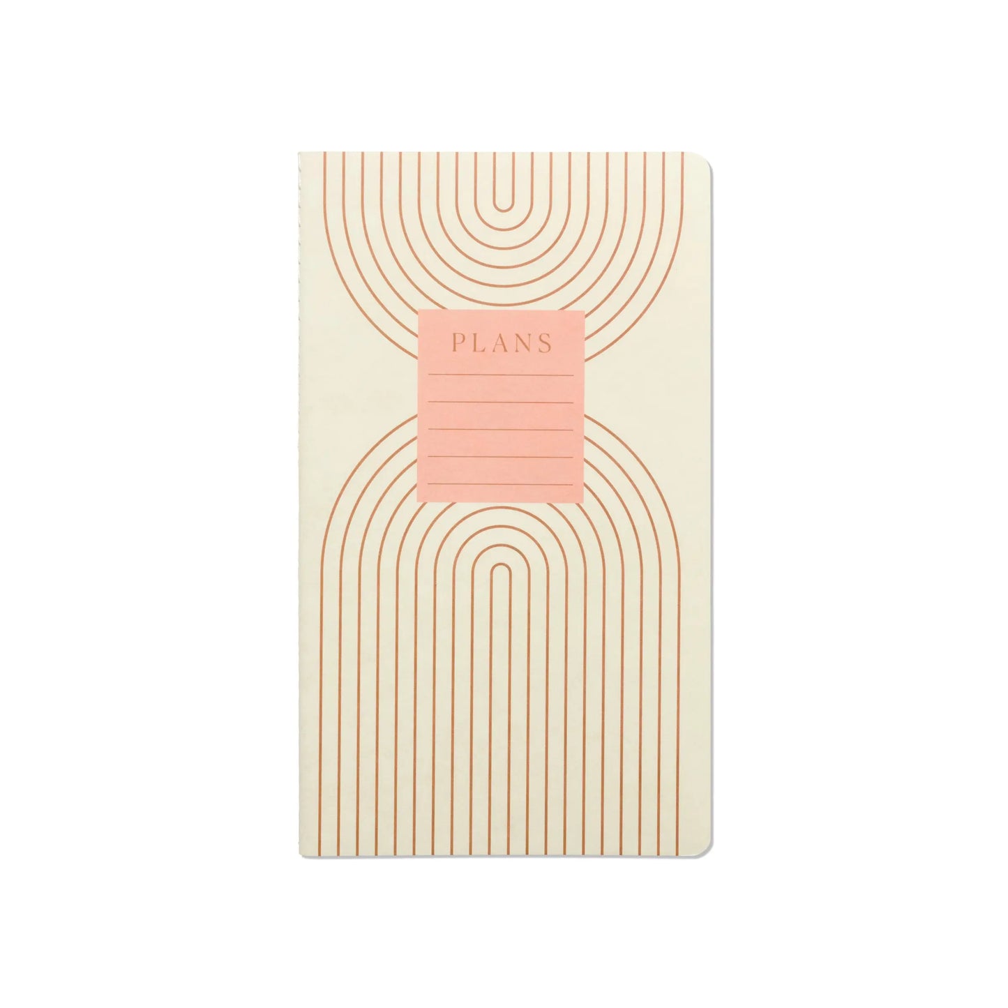 A set of 3 cream-colored Single Flex Notebooks—Plans, Daydreams, Important Dates—with geometric line covers, stitched binding, pink PLANS label, and eco-friendly soy-based inks.