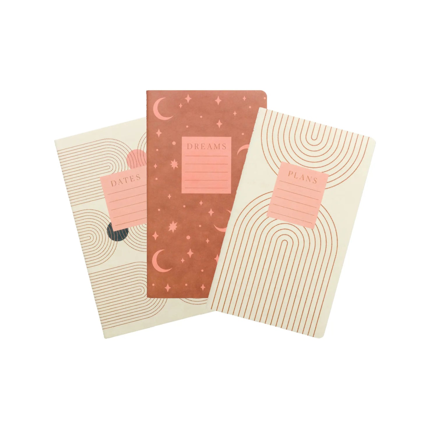 Set of 3 Single Flex Notebooks—Dreams, Plans, and Important Dates—with stitched binding, minimalist pastel designs, and eco-friendly soy-based ink.
