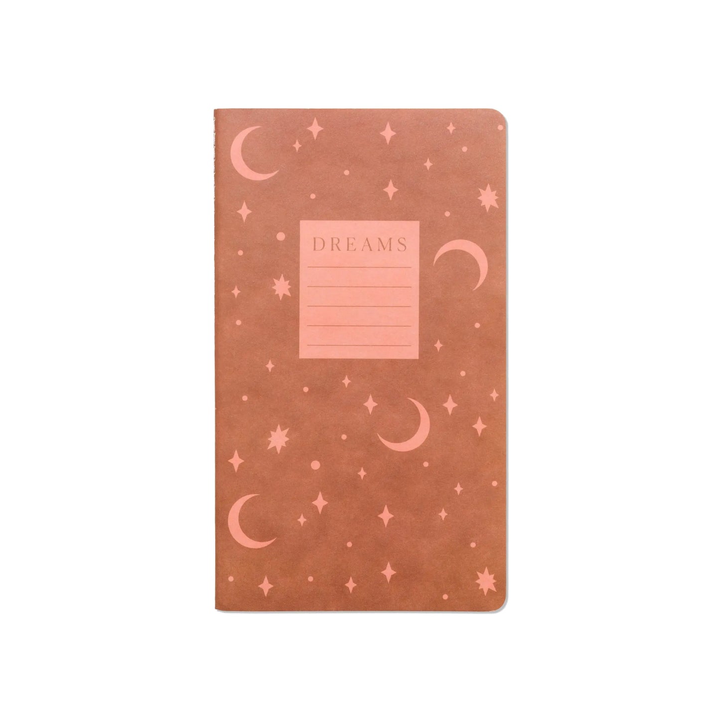 A set of 3 brown paper flex notebooks—Dreams, Plans, Daydreams, Important Dates—with pink moon, star, and dot designs on the cover, printed with soy-based inks and blank lines below each title.