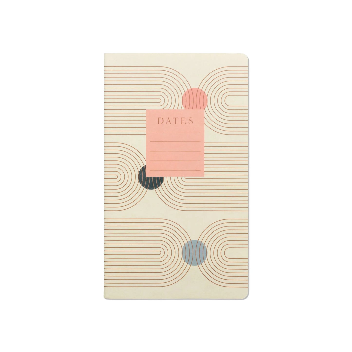 A set of 3 cream-colored Single Flex Notebooks—Dreams edition (Plans, Daydreams, Important Dates)—with curved line patterns, colored circles, stitched binding, and a pink “DATES” label on one cover. Perfect for daily notes.