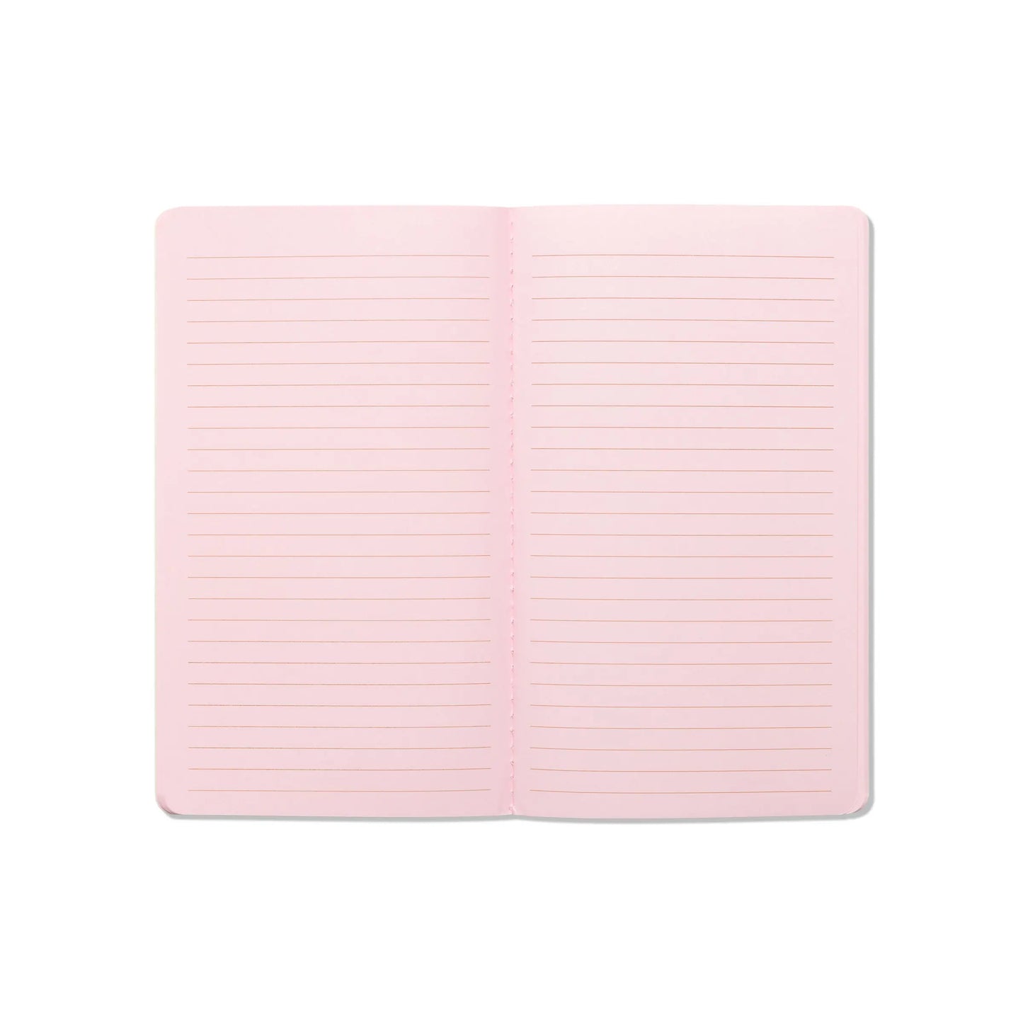 Set of 3 Single Flex Notebooks - Dreams (Plans, Daydreams, Important Dates): Open pink notebook with stitched binding and lined pages, shown from above and centered on a white background.