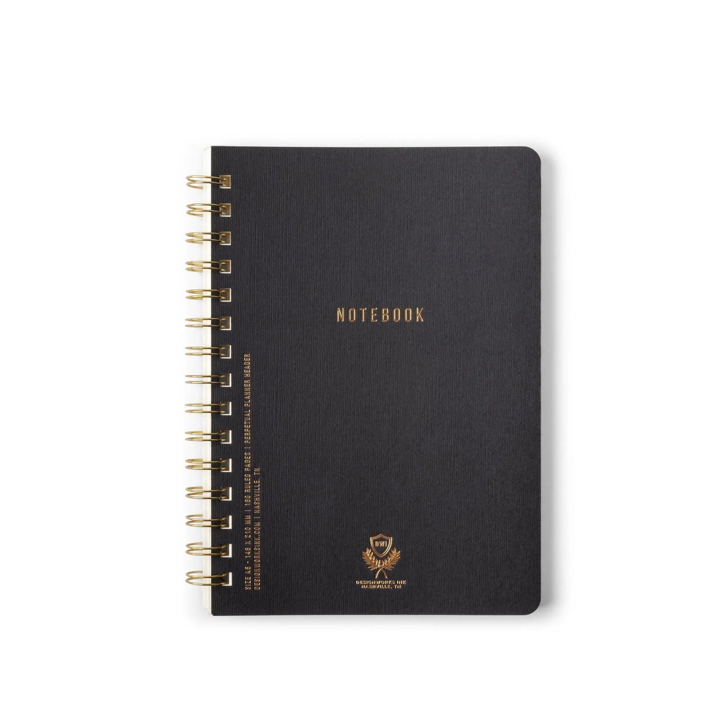 The Textured Paper Twin Wire Notebook - Medium Ebony features a black flex cover, elegant textured paper, gold NOTEBOOK text on the front, and additional small gold lettering along the side and bottom.