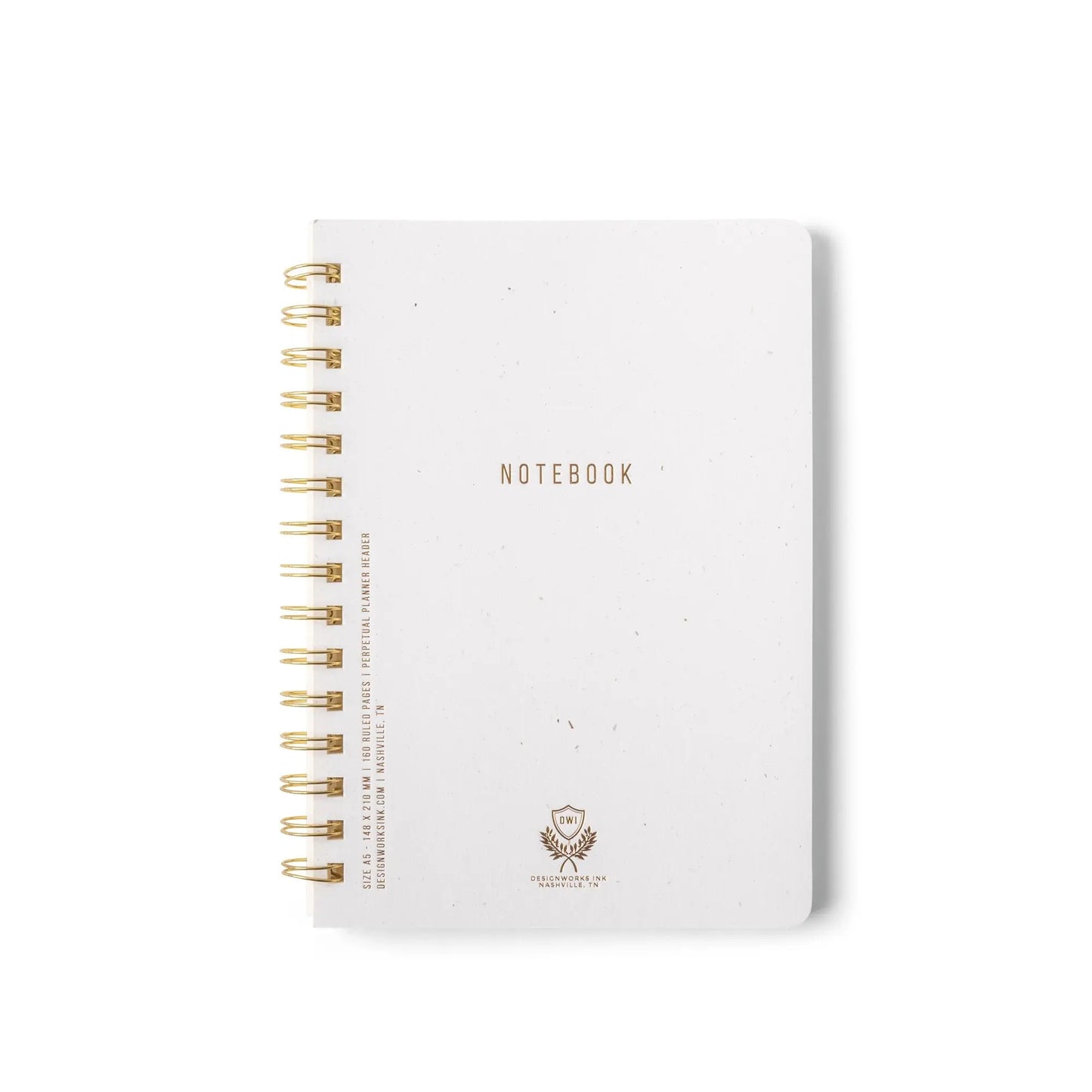 A Medium Speckled Ivory Textured Paper Twin Wire Notebook with “NOTEBOOK” in gold on the cover, featuring minimal text and a small crest logo at the bottom.