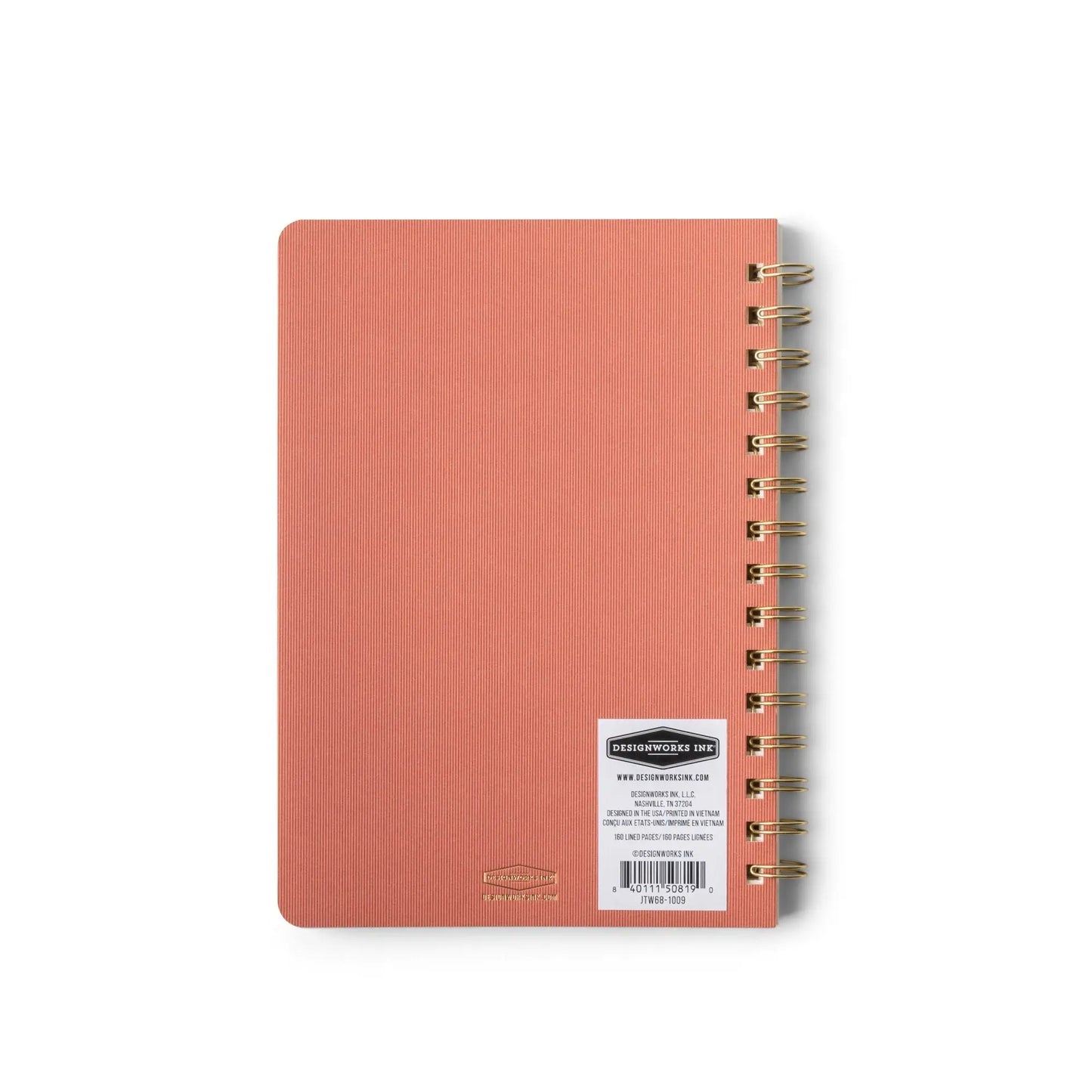 A medium terracotta textured paper notebook with gold twin wire binding and a white product label on the front cover, shown against a plain white background. Product: Textured Paper Twin Wire Notebook - Medium Terracotta.