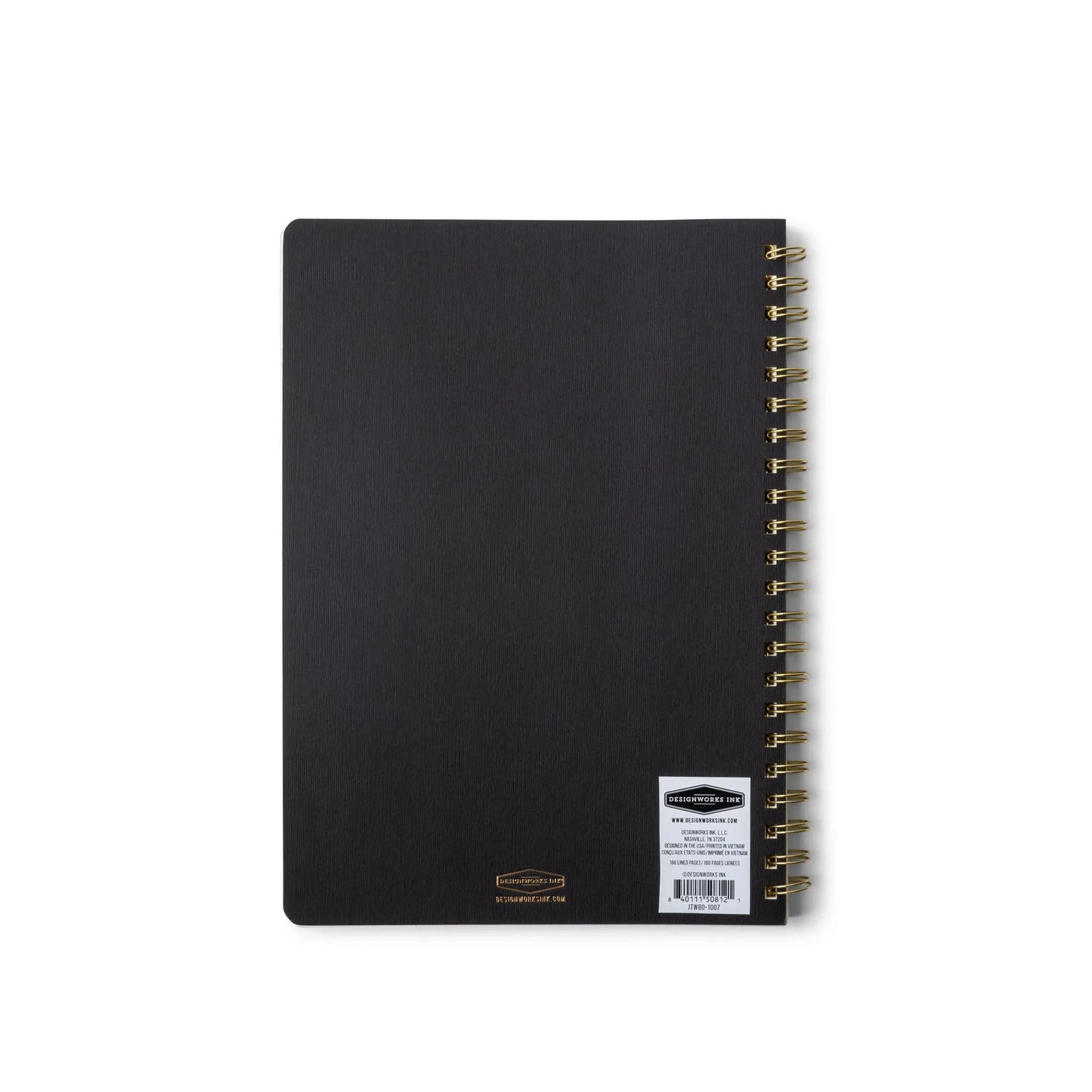 A closed Textured Paper Twin Wire Notebook - Large Ebony is displayed with a gold twin wire spiral binding and a white barcode sticker on the lower right corner of its softcover front.