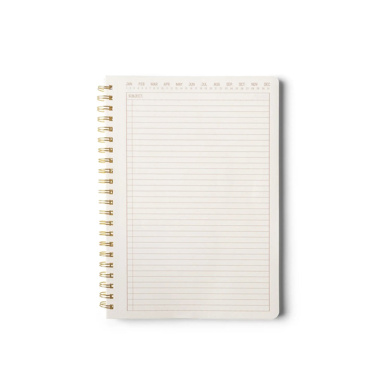 The Textured Paper Twin Wire Notebook - Medium Blue features a flex cover, premium textured paper, blank lined pages with months at the top, and a Subject section.