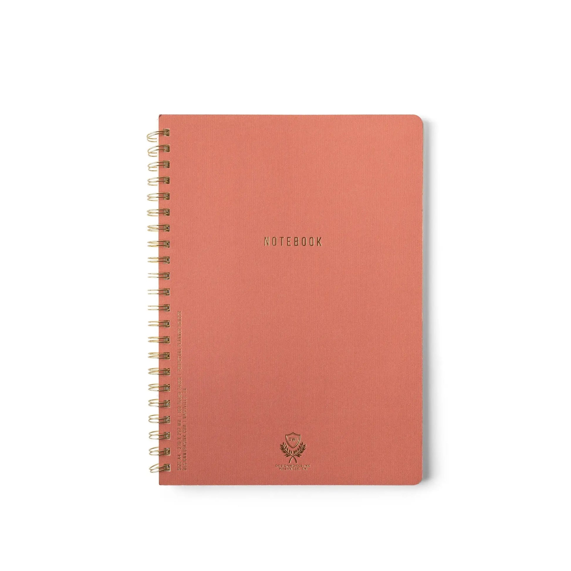 A Twin Wire Binding notebook named Textured Paper Twin Wire Notebook - Large Terracotta featuring a plain, muted terracotta cover and the word NOTEBOOK embossed in gold on the front.
