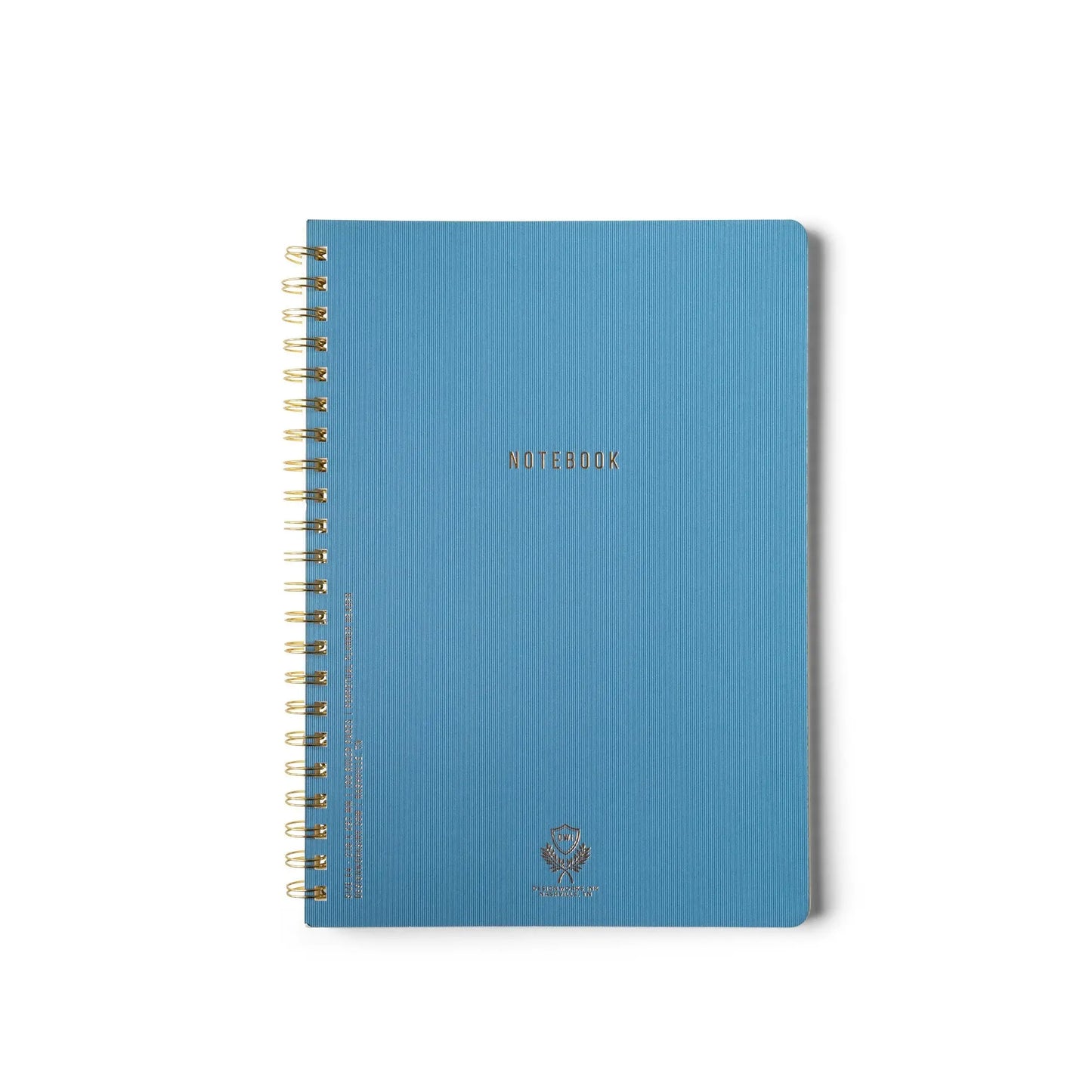 The Textured Paper Twin Wire Notebook - Large Blue features a blue softcover, gold NOTEBOOK lettering, and twin wire spiral binding, displayed on a white background.