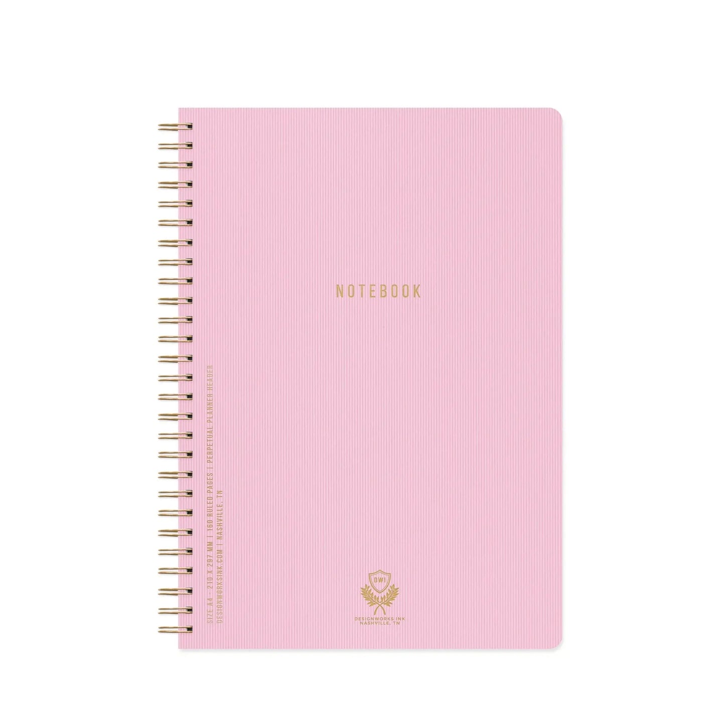 large sized textured paper cover twin wire notebook with lilac cover embossed with text reading Notebook