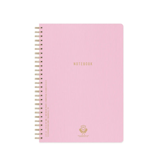 large sized textured paper cover twin wire notebook with lilac cover embossed with text reading Notebook