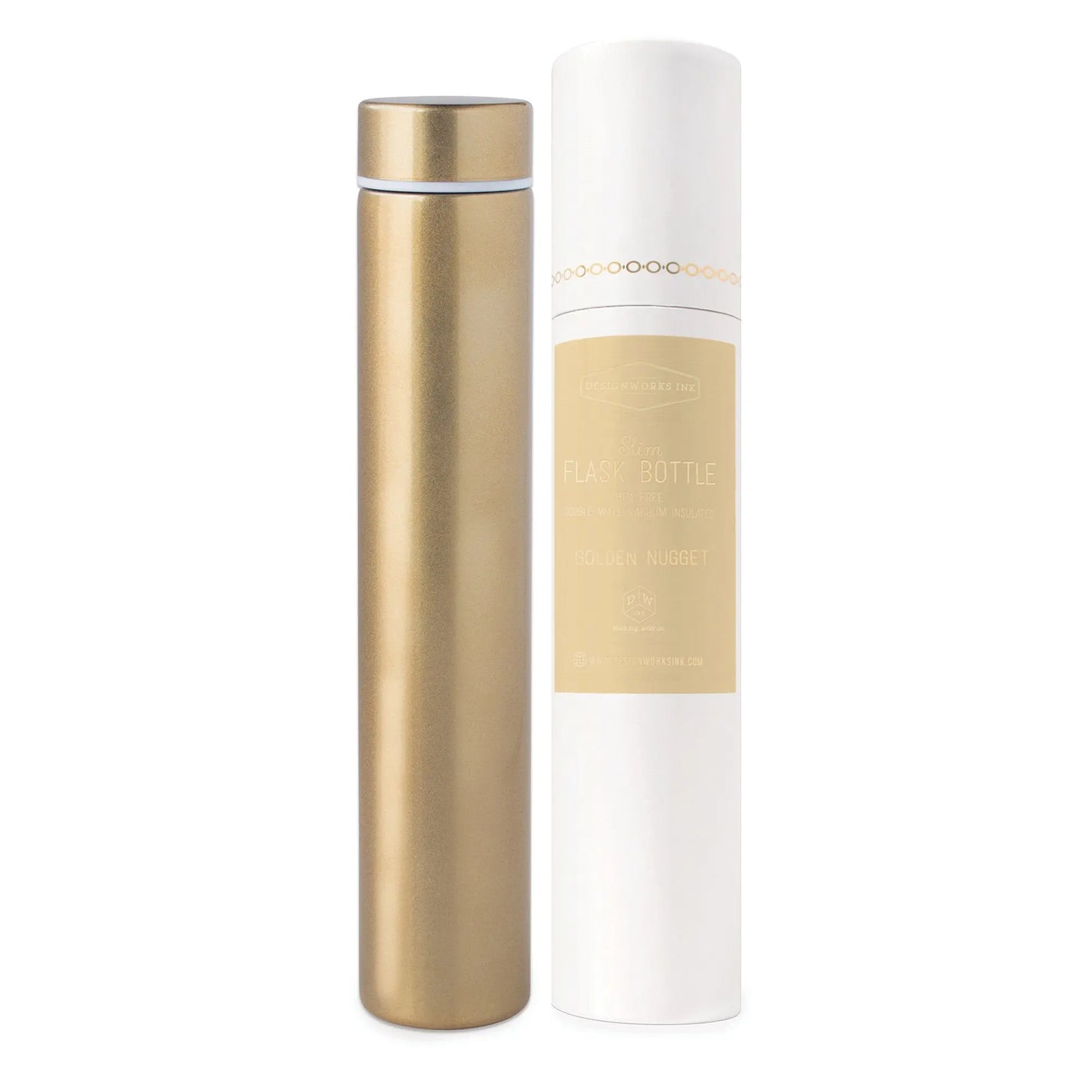 The Slim Flask Bottle - Golden Nugget, made of stainless steel in a gold finish, stands upright beside its matching white and gold cylindrical packaging against a white background.