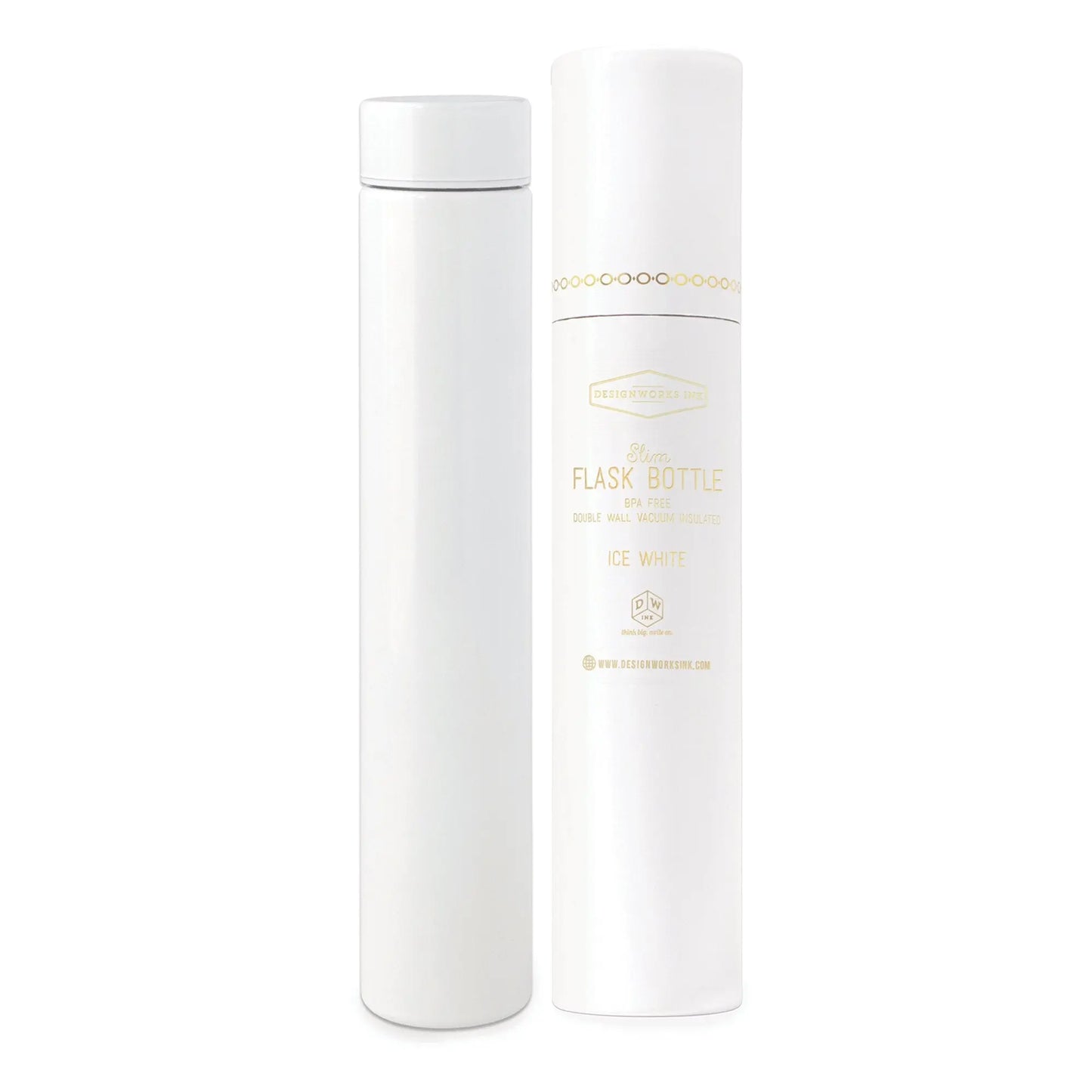 The Slim Flask Bottle - Ice White, a sleek vacuum insulated bottle, stands beside its tall white cylindrical packaging adorned with gold text and branding.