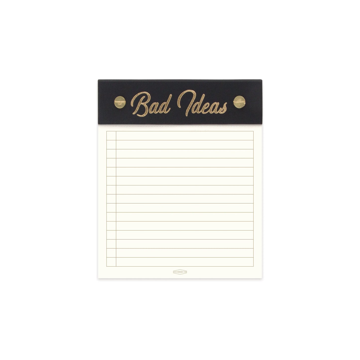 The Post Bound Notepad With Cloth Header - Bad Ideas features lined pages, a black cloth binding, and Bad Ideas printed at the top using soy inks.