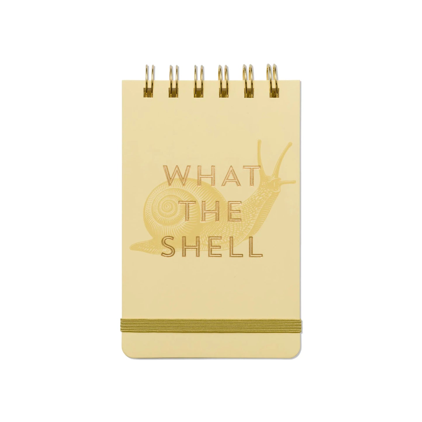 The Vintage Sass Notepad - What The Shell is a yellow spiral notepad with gold foil accents, showcasing a snail illustration and the phrase WHAT THE SHELL embossed on the cover.