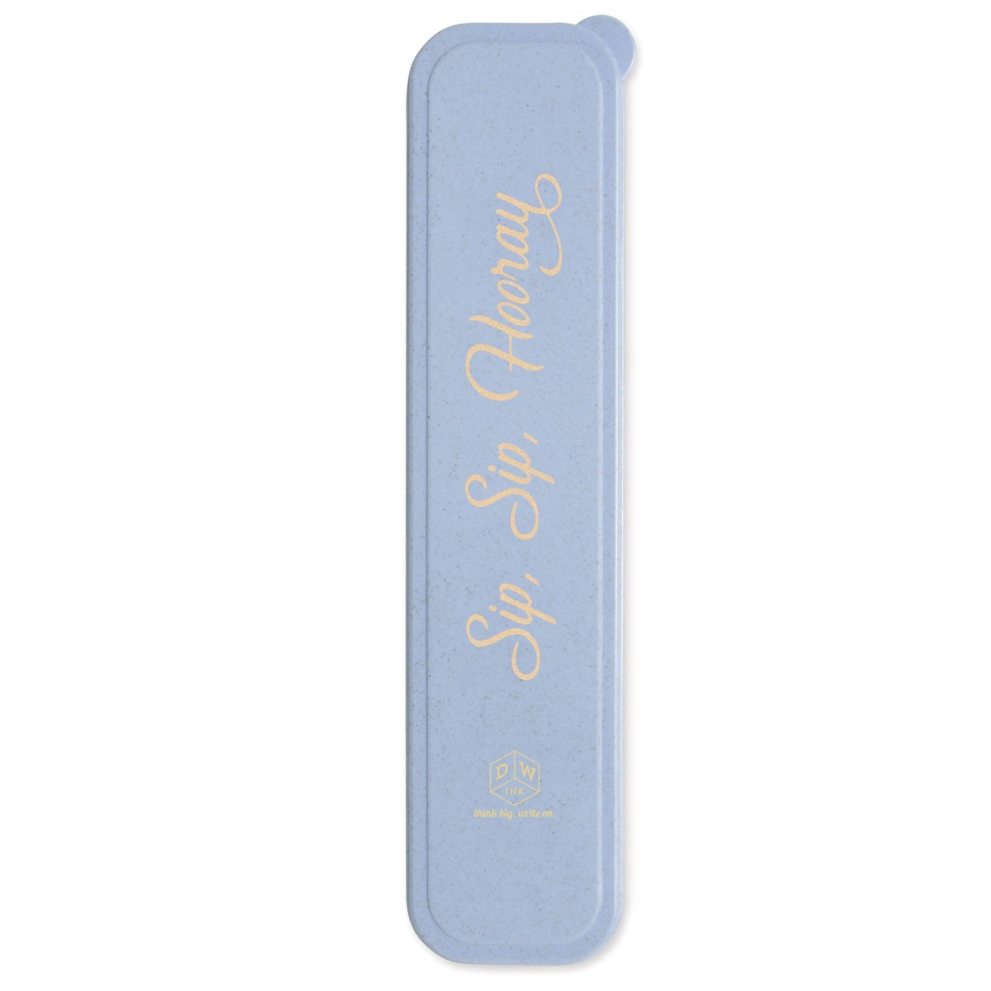 The Stainless Steel Straw Set - Sip, Sip, Hooray comes in a light blue eco-friendly wheat straw case with rounded edges and cursive yellow text on the lid—perfect for carrying reusable stainless steel straws.