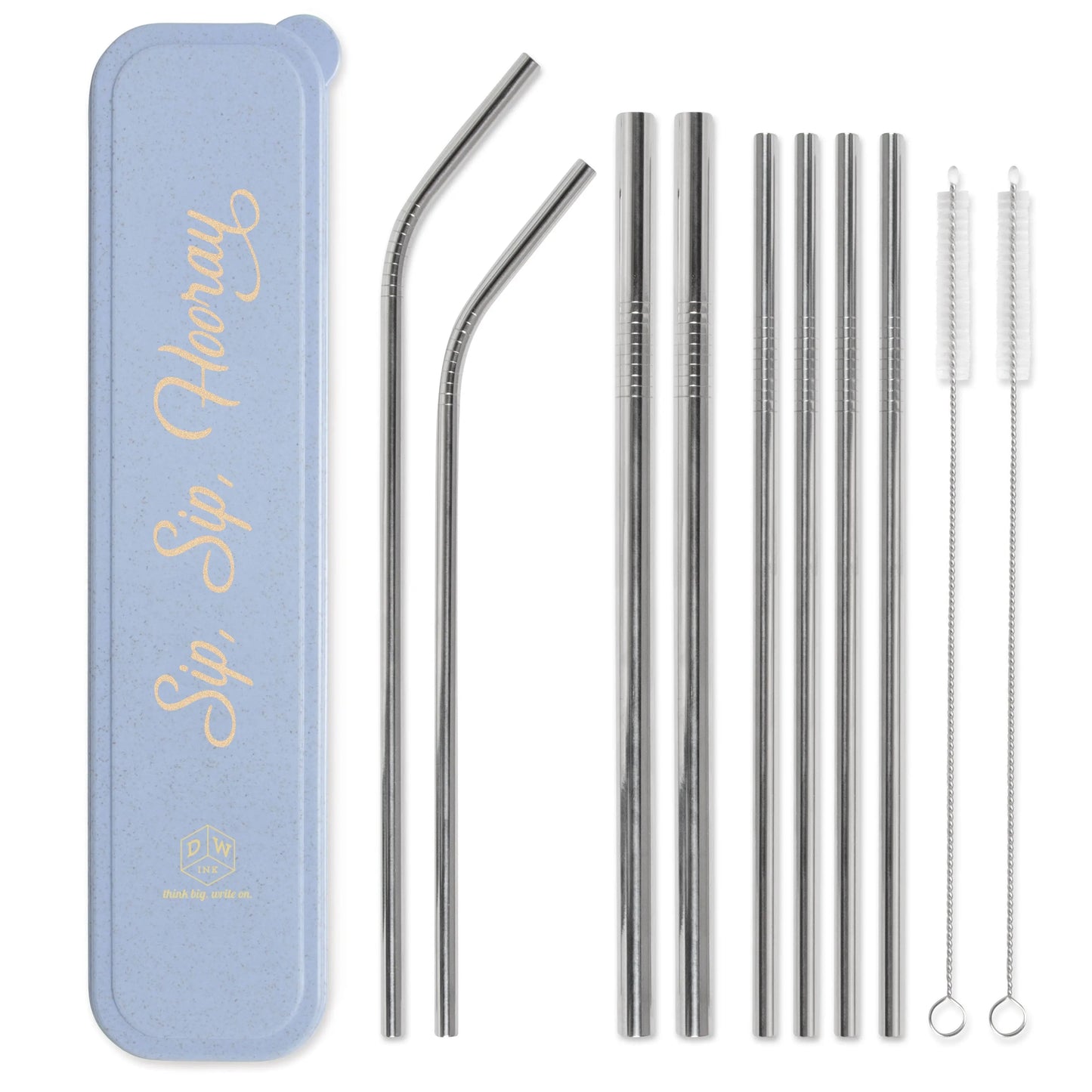 The Stainless Steel Straw Set - Sip, Sip, Hooray includes four straight straws, two bent straws, two cleaning brushes, and a blue eco storage case—reusable and displayed side by side.