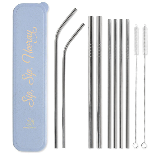 The Stainless Steel Straw Set - Sip, Sip, Hooray includes four straight straws, two bent straws, two cleaning brushes, and a blue eco storage case—reusable and displayed side by side.