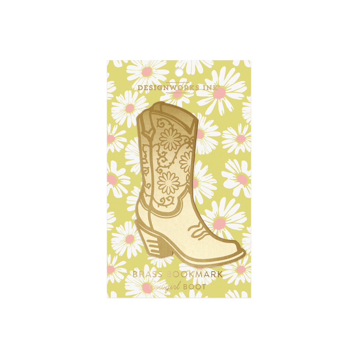 Brass Bookmark - Cowgirl Boot on flower print packaging and white background