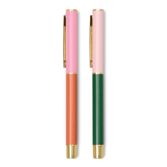 Set of 2 - Color Block Pens - Red Orange + Emerald on a white background. 