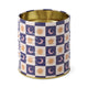 The A Dopo Celestial Storage Tin is a cylindrical metal can featuring gold suns and pink crescent moons on a navy and white checkered background, perfect for your whimsical collection. The tin is empty.