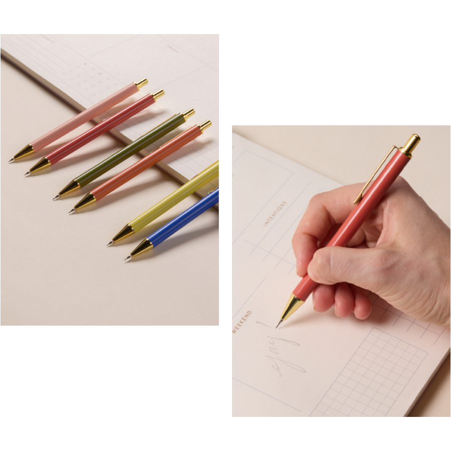 A double image with a person writing with one of the mechanical pencils