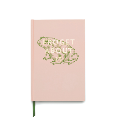 The Vintage Sass Journal - Froget About It is a pink retro journal featuring a whimsical green frog illustration and the phrase “FROGET ABOUT IT” on the cover. With a green ribbon bookmark and lined pages, this quirky journal is perfect for all your notes and creative ideas.