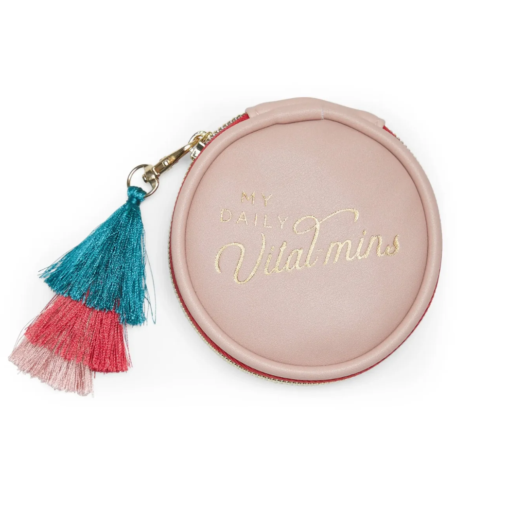 Vegan Leather Travel Pill Case with Tassel - "Daily Vital-Mins" DesignWorks Ink