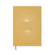 The Radiant Journal - Suns Block is a mustard yellow suede hardcover notebook featuring a gold geometric sunburst design and a matching ribbon bookmark, shown on a white background.
