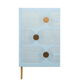 The Hard Cover Suede Cloth Journal With Pocket - Arch Dot features a light blue cover, gold ribbon bookmark, abstract geometric white lines, and three large gold circles arranged vertically.