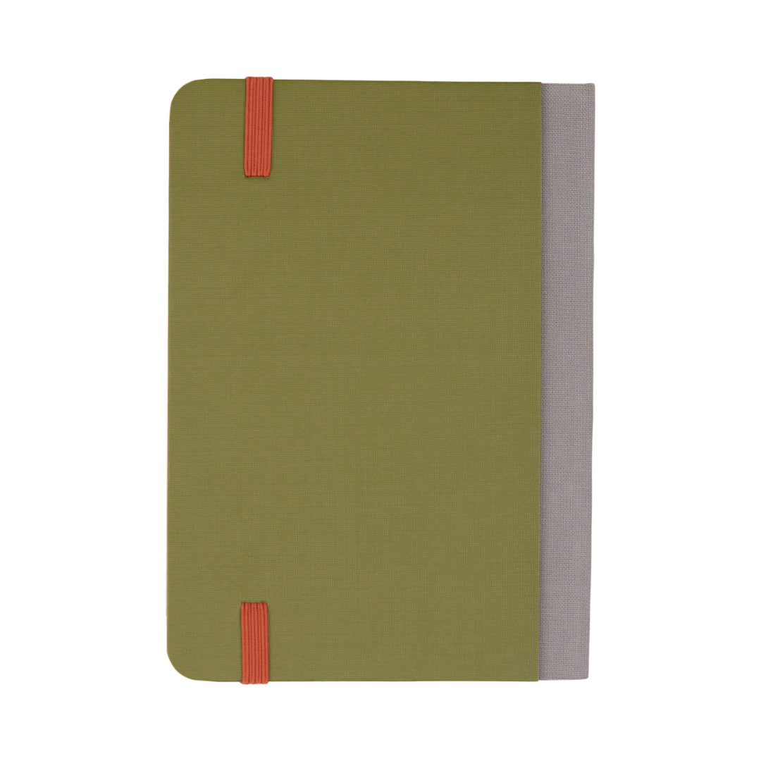 A closed Standard Issue Pocket Journal in Army Green with a gray spine and two Chili orange elastic bands, photographed on a white background.