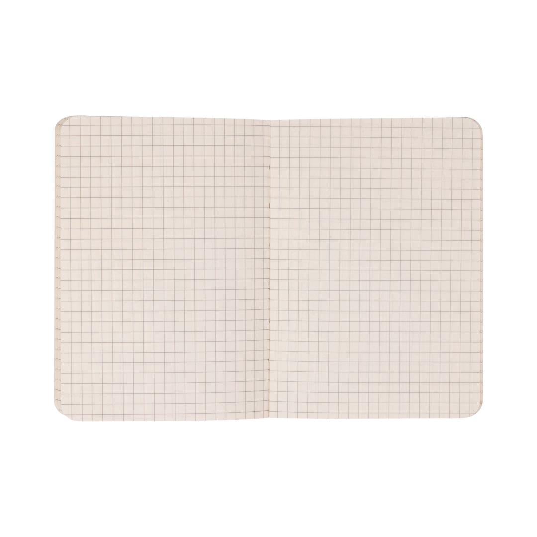 The Standard Issue Pocket Journal - Cobalt + Citron features squared graph paper pages with a precise grid of light brown lines on a white background. This travel notebook is designed with rounded corners and is photographed against a plain white surface.
