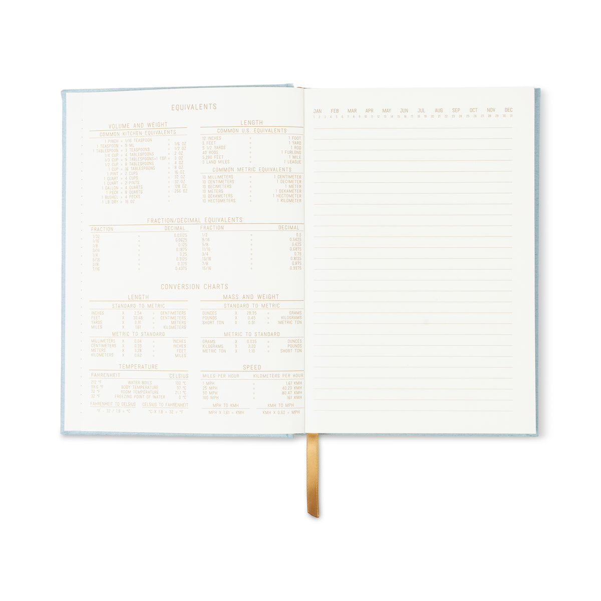 The Hard Cover Suede Cloth Journal With Pocket - Arch Dot features blue suede, conversion charts and equivalency tables on the left page, lined writing space on the right, and a gold ribbon bookmark in the center.